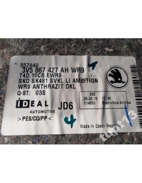 SKODA SUPERB III SEDAN TAPICERKA BAGAŻNIKA LEWA